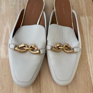 Tory Burch Cream Leather Backless Mules with Gold Chain Link